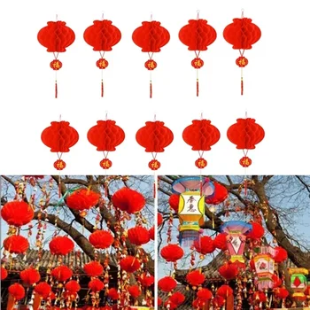 10 шт. Складные висячие водонепроницаемые фестивальные фонари Традиционные китайские красные бумажные фонарики для украшения китайского Нового года 2024