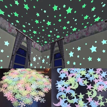 100 шт. 3D наклейки на стену звезда и луна флуоресцентные светящиеся в темноте светящиеся наклейки на стену для детей наклейка для домашней гостиной