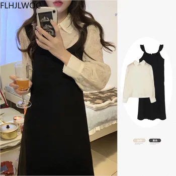 2021 Весна Fenimine Vestidos Женская мода Японская Корея Шикарное Черное Ретро Винтажное платье-рубашка