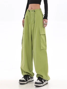 2022 Harajuku Y2k Большие карманы Брюки-карго Ретро Спортивные свободные брюки с низкой талией Зеленые модные уличные джоггеры Женщины