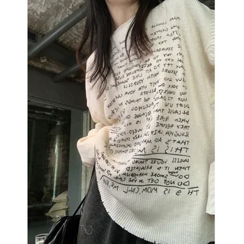 2023 Harajuku Basic Letter Print Осенние футболки Повседневные свободные топы O Neck Женщины Оверсайз Y2k Эстетические футболки для женщин