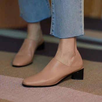2023 Весна Лето Платье Офис Обувь Женщины Туфли Натуральная Кожа Обувь Квадратный Носок Высокие Каблуки Одинарная Обувь Каблуки Женщины