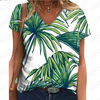2023 Женская летняя новая футболка с коротким рукавом Leaf 3D-цифровой печати Горячая продажа Женский повседневный топ с V-образным вырезом в гавайском стиле