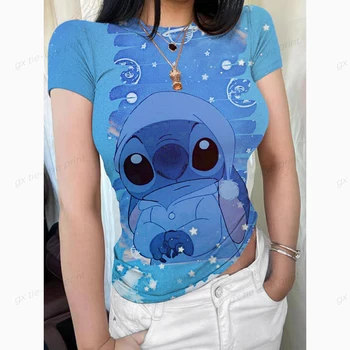 2023 Модные женские футболки Disney Stitch Print Топы Футболка с коротким рукавом Лето Kawaii Graphic Tees Свободная одежда оверсайз
