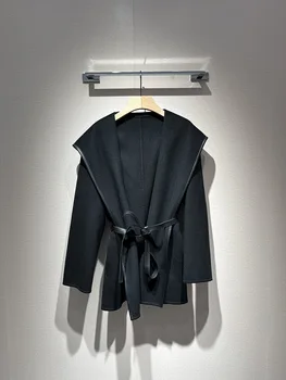 2023 Новое женское пальто из чистого кашемира Шерстяной черный тренч на шнуровке с капюшоном Двусторонняя короткая куртка