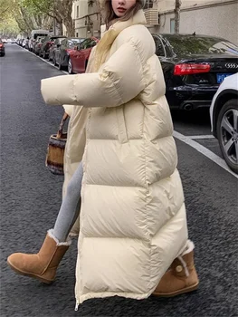 2023 Утолщенный теплый пуховик для женщин Осень-зима Мода Повседневная стойка с воротником Парки Шикарные свободные молнии Длинные пальто X1210