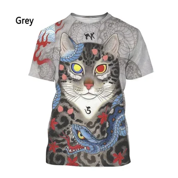 2023 Футболка с 3D-печатью Японская татуировка Самурайская кошка Мужская футболка Летняя повседневная рубашка с коротким рукавом Смешная рубашка Топ