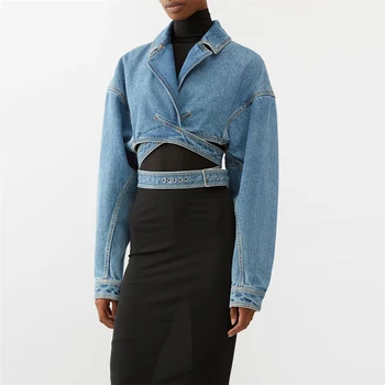2024 весна новыйженский джинсовая куртка с лацканами на бретелях y2k высокое качествокорейский стильмодная короткая куртка без талии топ