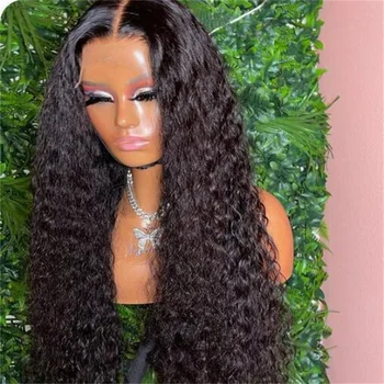 26-дюймовый натуральный черный мягкий длинный 180% плотности извращенный кудрявый выщипанный бесклеевой кружевной передний парик для женщин с детскими волосами ежедневный косплей