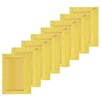 8PCS Три отверстия Пенал большой емкости Сумка для файлов Прочный сумка для скоросшивателей с прозрачным окном Желтый