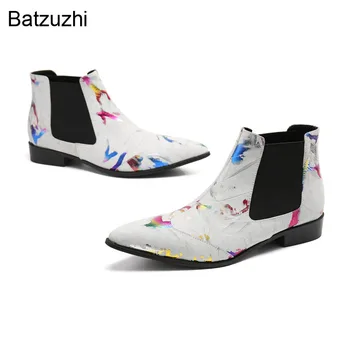 Batzuzhi Мужская обувь Новый дизайн Острый носок Черный Белый Мягкая Кожа Ботильоны Мужчины Скольжение На Модном Мотоцикле Botas Hombre