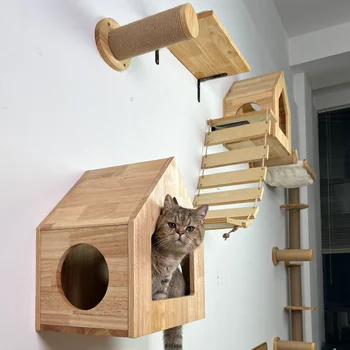 Cat Настенная лестница для скалолазания из массивной деревянной мебели и кошачий гамак с когтеточкой для активности Домашние кошки Насесты