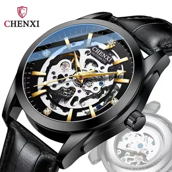  CHENXI Часы для мужчин Полностью автоматические механические наручные часы Водонепроницаемый светящийся полый кожаный ремешок для мужчин Wtach Montre Homme