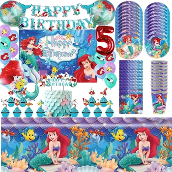 Disney Русалочка Принцесса Ариэль Украшение вечеринки по случаю дня рождения Баннер Воздушный шар Посуда для девочек Baby Shower Party Supplies