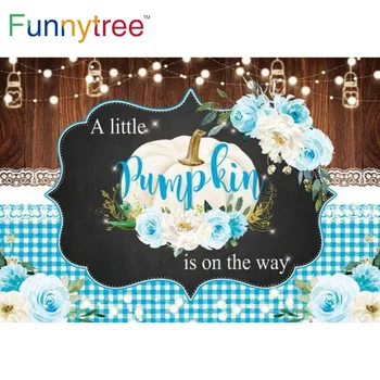 Funnytree Pumpkin Birthday Party Baby Shower Синие цветы Фоновые огни Баннер Деревянная решетка Кружева Листья Фотозона Фон