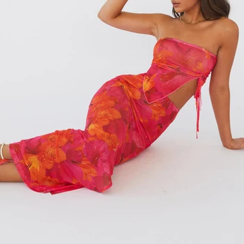 hirigin Мода Женские наряды из 2 предметов Цветочные нерегулярные топы-бандо и юбки на шнурке для уличной эстетической одежды