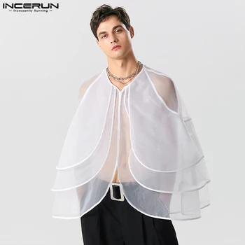INCERUN Tops 2023 Модный красивый мужской прозрачный сетчатый трехслойный блузка с оборками Повседневная мужская кардиган с длинными рукавами Тонкая рубашка
