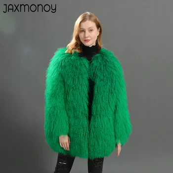 Jaxmonoy Пальто из натурального меха Зима Женщины средней длины Натуральная монголия Овечий мех Куртка Осень Однотонная теплая верхняя одежда Полные рукава Новый