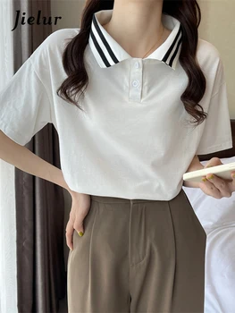 Jielur Полосатая женская футболка с отложным воротником Корейские базовые топы с коротким рукавом Лето 2022 Новая белая футболка для отдыха Женская M-XL