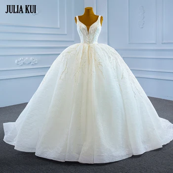 Julia Kui A Line Strapghe Straps Великолепные блестящие кружева A Line Свадебные платья с корсетом Спина Sweep Train