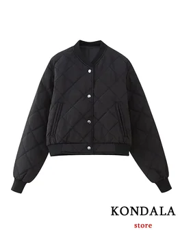 KONDALA Повседневная шикарная черная куртка-бомбер Однобортная однобортная свободная куртка с длинным рукавом с круглым вырезом Мода 2023 Осенне-зимние пальто