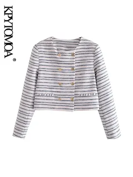 KPYTOMOA-Женский укороченный двубортный твидовый пиджак, пальто с длинным рукавом, вырез, женская верхняя одежда, шикарные топы, мода
