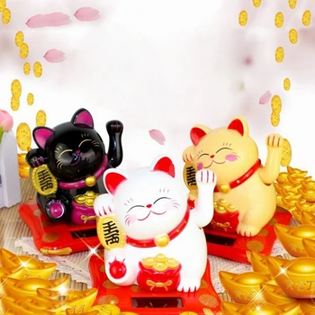 Lucky Fengshui Cat Солнечная энергия Счастливые деньги Fortune Cat Figurin для домашнего декора, офисного магазина, автомобиля, милого животного, статуи