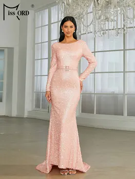 Missord Розовое макси-русалка Вечернее платье 2023 Элегантные женские платья с длинным рукавом и поясом с открытой спиной Облегающие платья для вечернего вечера