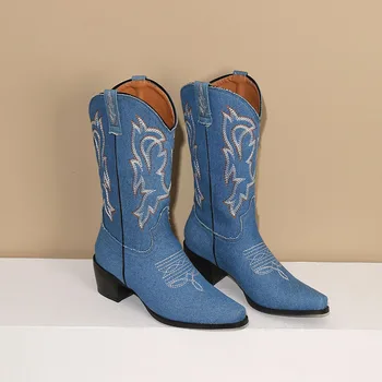 Phoentin Middle Calf Western Boots 2023 Новое скольжение на среднем каблуке Обувь Женщина Джинсовые сапоги с вышивкой Черный синий цвет FT2579
