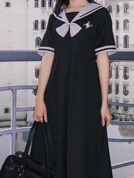 QWEEK Стиль преппи Школьница Кавайное платье Японский сладкий Харадзюку Вышивка Платья миди Лолита Уличная одежда 2023 Мода