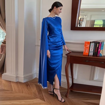 ROSELLA Royal Blue O Neck Crystal Вечерние платья Новинка 2023 года Плиссированные передние раздельные русалки vestidos para mujer elegantes y bonitos