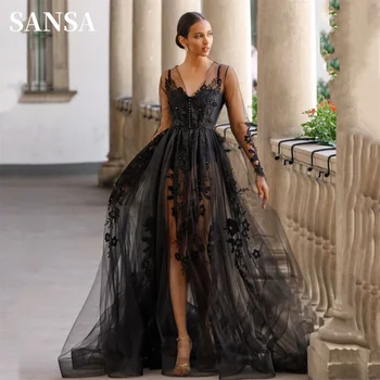 Sansa Sexy Perspective A-line فساتين السهرة فساتين Черное кружевное платье выпускного вечера с вышивкой сбоку Платье из тюля с высоким разрезом