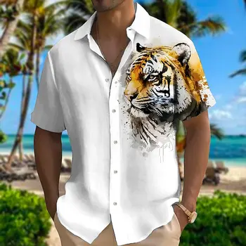 Tiger Рубашки Волк Лев Животное 3D Принт Уличная одежда Мужская повседневная рубашка оверсайз на пуговицах с коротким рукавом Блузка Топы Мужская одежда