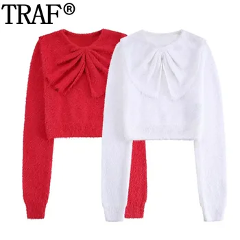 TRAF Bow Плюшевый вязаный свитер Женщина осень зима красный белый укороченные свитера для женщин с длинным рукавом симпатичная девушка короткие свитера