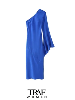 TRAF-Женское асимметричное платье миди, Сексуальная спинка, Один с длинными рукавами, Женские платья, Мода