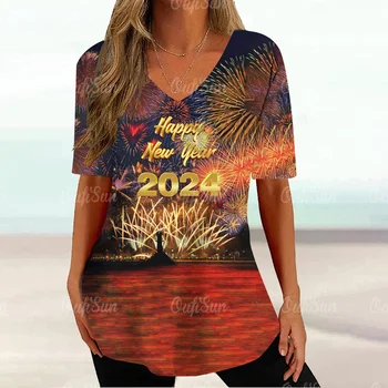 V-образным вырезом Женская футболка Новогодний топ с короткими рукавами Забавный фейерверк Футболка 2024 Streetwear Футболка для женщин Одежда Пуловер