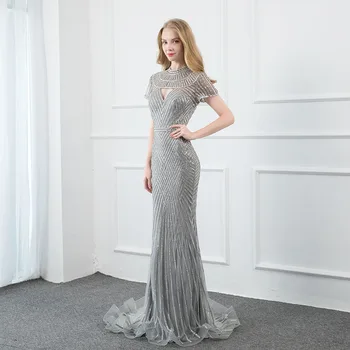 YQLNNE Роскошные вечерние платья с короткими рукавами с серебряными кристаллами Длинные вечерние платья русалки с высоким воротником Элегантные кутюр 2021