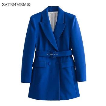 ZATRHMBM 2023 Женская мода Двубортный длинный блейзер Винтаж с длинным рукавом Накладной карман Синие женские верхняя одежда Стильные топы