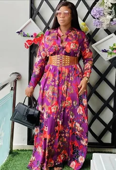 Африканские длинные платья с широким поясом для женщин 2023 Традиционное платье-кафтан Нигерии с цветочным принтом Abaya Musulman Robe Femme Одежда
