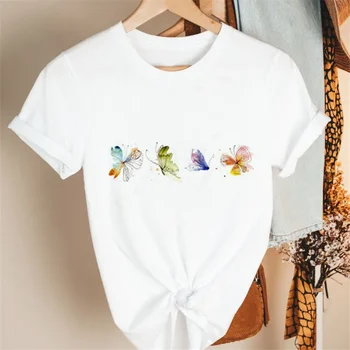 Верхняя летняя футболка с принтом Harajuku Модная футболка с принтом Fun Butterfly Футболка с коротким рукавом Женская белая футболка.