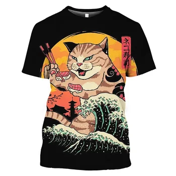 Винтажная футболка мужская 2024 японская топ с коротким рукавом 3D кошка татуировка принт o шея футболка оверсайз мужская одежда