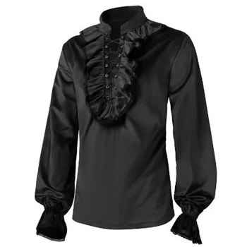 Винтажные мужские бархатные рубашки с оборками, средневековая викторианская блузка, длинные рукава, вино, красная кружевная отделка, стимпанк, вампир, костюм на Хэллоуин