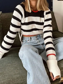  Винтажный полосатый свитер Женский элегантный сексуальный бандаж с открытой спиной Вязаные пуловеры Женские осенне-зимние повседневные джемперы с длинным рукавом