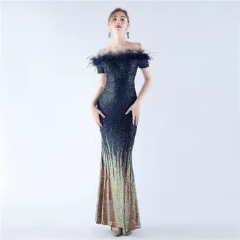 Внешняя торговля новый продукт ремесло страус перо градиент пайетки одно плечо High-end вечернее платье сексуальное летнее платье для женщин