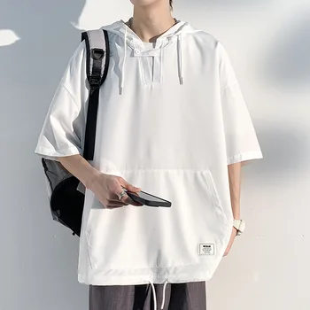  Высококачественные свободные футболки 2023 Лето Кулиска с капюшоном Большой ледяной шелк с коротким рукавом Мужская футболка с большим карманом Мужская одежда