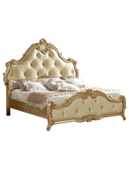 европейская двуспальная кровать главная спальня французская дворцовая кровать Резная натуральная кожа из массива дерева 1,8 м Двуспальная кровать из воловьей кожи Свадебная кровать из воловьей кожи