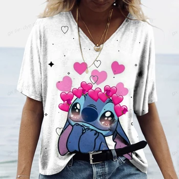 Женская летняя новая мода Disney Stitch 3D-печатная футболка с коротким рукавом Женская футболка с V-образным вырезом Персонализированный повседневный стиль