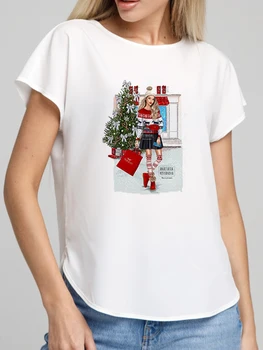 Женская футболка Новый год С праздником Мультфильм 90-х Футболка С коротким рукавом Женская эстетическая рубашка с принтом Женская футболка с графическим рисунком