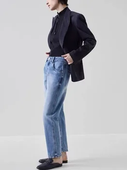 Женские джинсы 2023 Новая осень-зимняя нашивка Свободные повседневные прямые джинсовые брюки с высокой талией