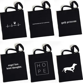 Женские сумки-шопперы Холщовая сумка-тоут Harajuku Tumblr Графическая сумка для покупок Эко Многоразовая модная сумка для девочек Черный